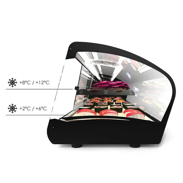 Sushivitrine | SHARK | Zwart | 8x 1/3 GN | +2°C/+12°C | Statisch | 2 Niveaus | 1680x395x340(h)mm