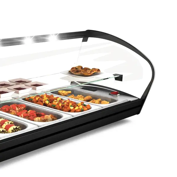 Verwarmde Tapasvitrine | SHARK | Zwart | 4x 1/3 GN | ≤80°C | Bain-Marie | 2 Niveaus | 0.72kW (230V) | 840x395x340(h)mm