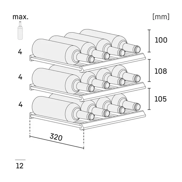 Wijnkoelkast | GRAND CRU | 12x 75cl | RVS | 1 Zone | +5°C/+20°C | Geforceerd | Temperatuur-/Deuralarm | 425x478x612(h)mm