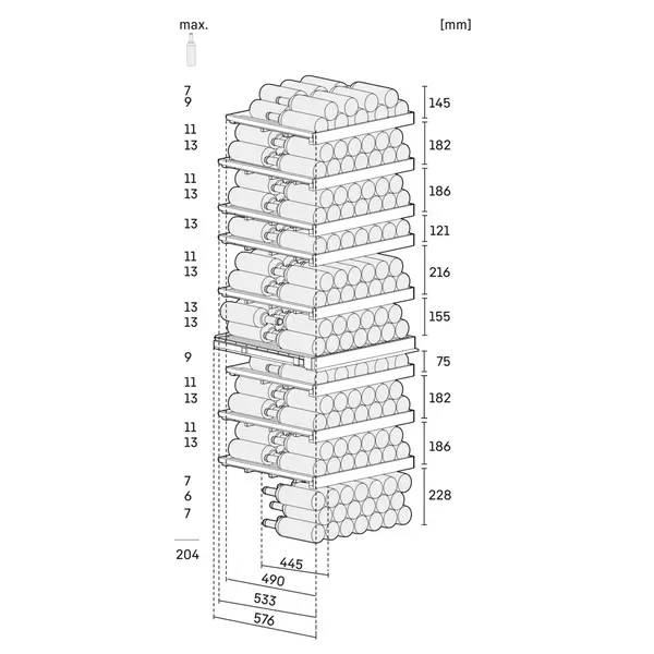 Wijnklimaatkast | VINIDOR | 204x 75cl | Zwart | 2 Zones | +5°C/+20°C | Geforceerd | Touchscreen + App | Temperatuur-/Deuralarm | Wielen | 697x764x2013(h)mm