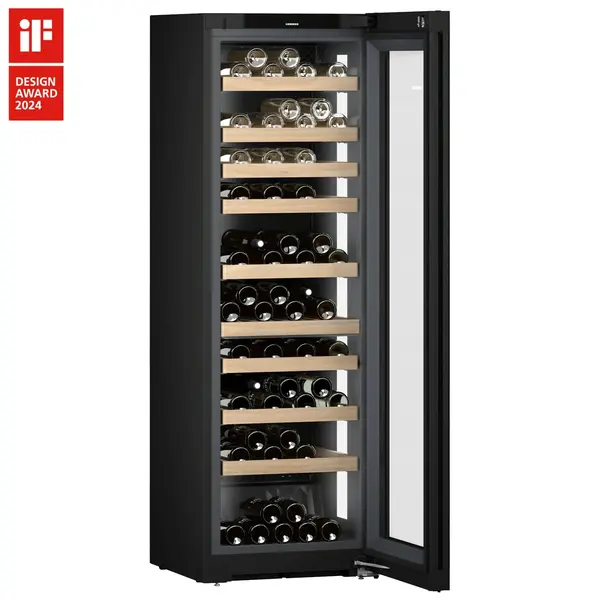 Wijnklimaatkast | VINIDOR | 106x 75cl | Zwart | 2 Zones | +5°C/+20°C | Geforceerd | Touchscreen + App | Temperatuur-/Deuralarm | Wielen | 597x678x1854(h)mm