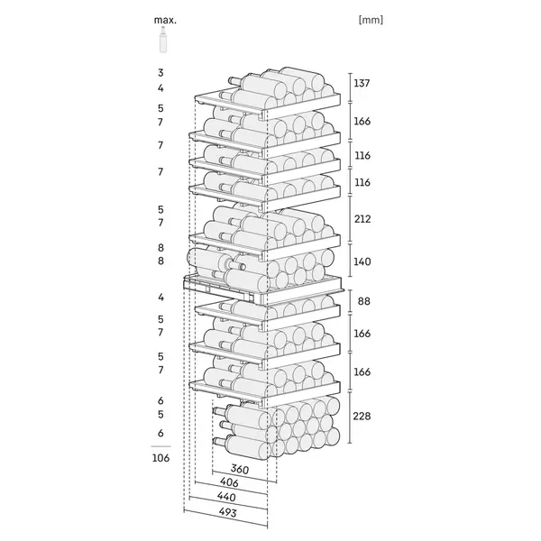 Wijnklimaatkast | VINIDOR | 106x 75cl | Zwart | 2 Zones | +5°C/+20°C | Geforceerd | Touchscreen + App | Temperatuur-/Deuralarm | Wielen | 597x678x1854(h)mm