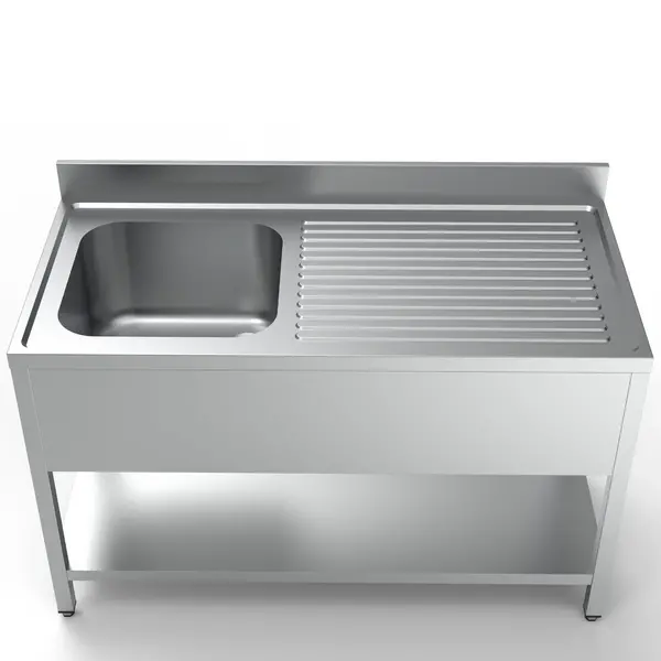 Spoeltafel | ESSENTIAL | RVS | 1 Spoelbak (Links) + Afdruipvlak | Bodemschap | Achteropstand | Zelfmontage | 1400x700x850(h)mm