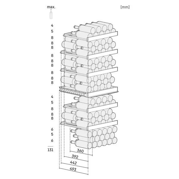 Wijnklimaatkast | VINIDOR | 131x 75cl | Zwart | 2 Zones | +5°C/+20°C | Geforceerd | Touchscreen + App | Temperatuur-/Deuralarm | Wielen | 597x675x1654(h)mm