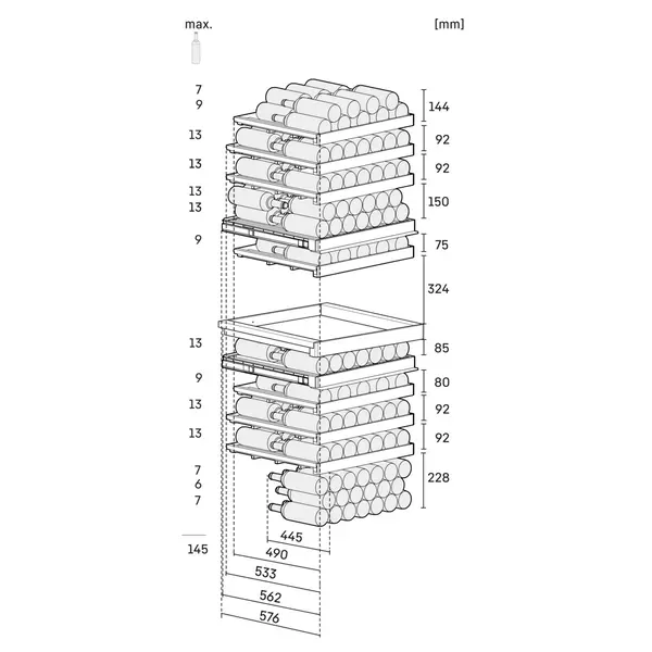 Wijnklimaatkast | VINIDOR | 149x 75cl + Sommelier Board | Zwart | 3 Zones | +5°C/+20°C | Geforceerd | Touchscreen + App | Temperatuur-/Deuralarm | Wielen | 697x764x2013(h)mm