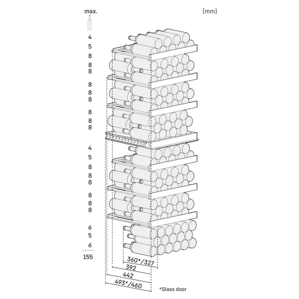 Wijnklimaatkast | VINIDOR | 155x 75cl | Zwart | 2 Zones | +5°C/+20°C | Geforceerd | Touchscreen + App | Temperatuur-/Deuralarm | Wielen | 597x675x1854(h)mm