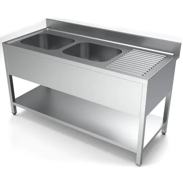 Spoeltafel | ESSENTIAL | RVS | 2 Spoelbakken (Links) + Afdruipvlak | Bodemschap | Achteropstand | Voorgemonteerd | 1600x700x850(h)mm