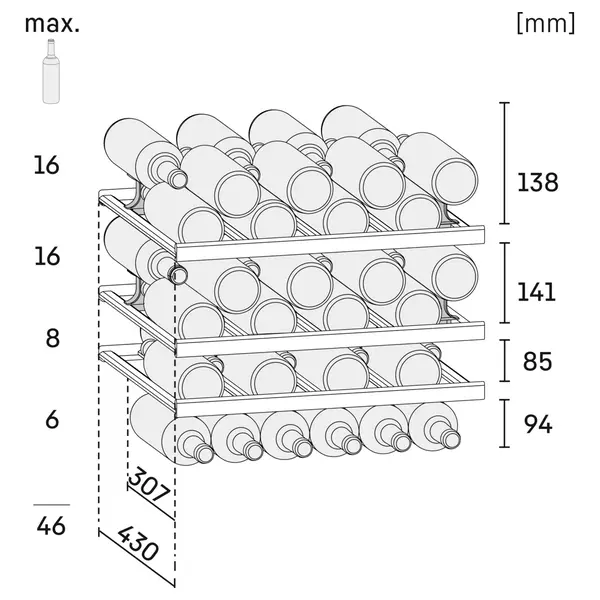 Inbouw-Wijnkoelkast | GRAND CRU | 46x 75cl | RVS | 1 Zone | +5°C/+20°C | Geforceerd | Temperatuur-/Deuralarm | 597x577x818(h)mm