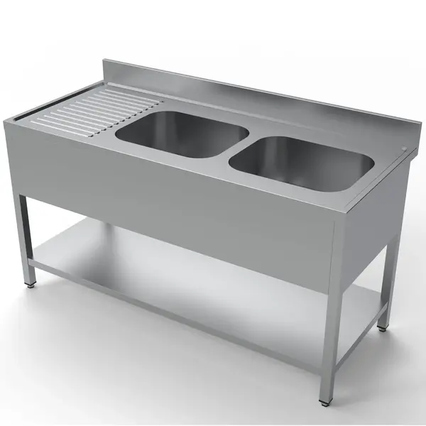 Spoeltafel | ESSENTIAL | RVS | 2 Spoelbakken (Rechts) + Afdruipvlak | Bodemschap | Achteropstand | Voorgemonteerd | 1600x700x850(h)mm