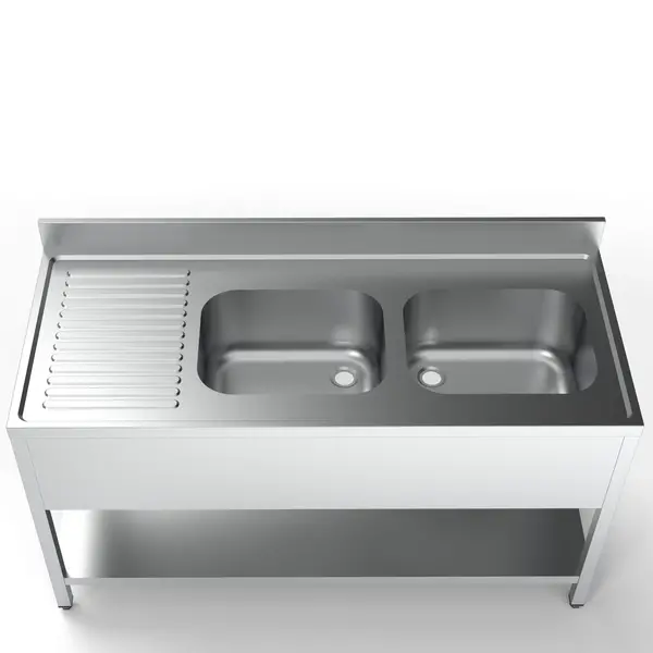 Spoeltafel | ESSENTIAL | RVS | 2 Spoelbakken (Rechts) + Afdruipvlak | Bodemschap | Achteropstand | Voorgemonteerd | 1600x700x850(h)mm
