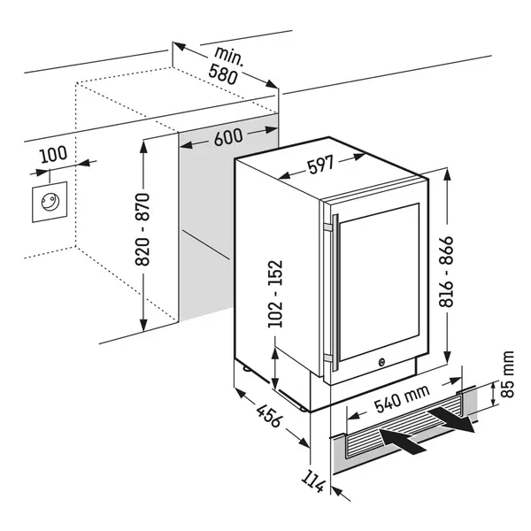 Inbouw-Wijnkoelkast | GRAND CRU | 34x 75cl | RVS | 2 Zones | +5°C/+20°C | Geforceerd | Temperatuur-/Deuralarm | 597x577x818(h)mm