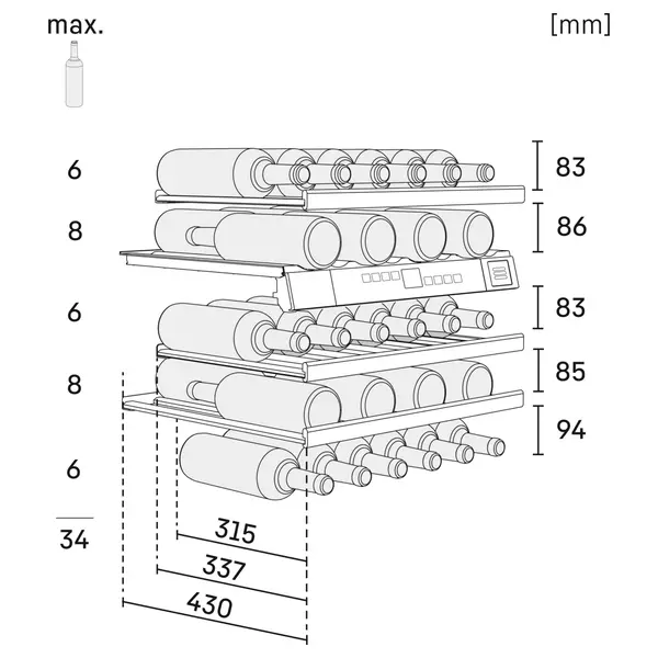 Inbouw-Wijnkoelkast | GRAND CRU | 34x 75cl | RVS | 2 Zones | +5°C/+20°C | Geforceerd | Temperatuur-/Deuralarm | 597x577x818(h)mm