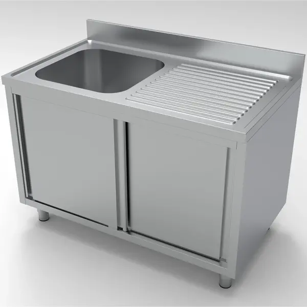 Spoeltafel | ESSENTIAL | RVS | 1 Spoelbak (Links) + Afdruipvlak | Schuifdeuren | Achteropstand | Voorgemonteerd | 1200x700x850(h)mm