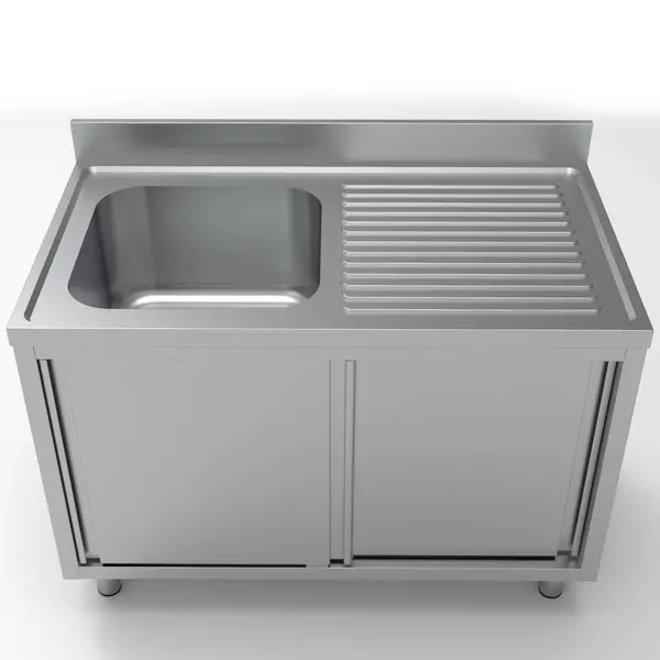 Spoeltafel | ESSENTIAL | RVS | 1 Spoelbak (Links) + Afdruipvlak | Schuifdeuren | Achteropstand | Voorgemonteerd | 1200x700x850(h)mm