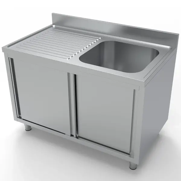 Spoeltafel | ESSENTIAL | RVS | 1 Spoelbak (Rechts) + Afdruipvlak | Schuifdeuren | Achteropstand | Voorgemonteerd | 1200x700x850(h)mm