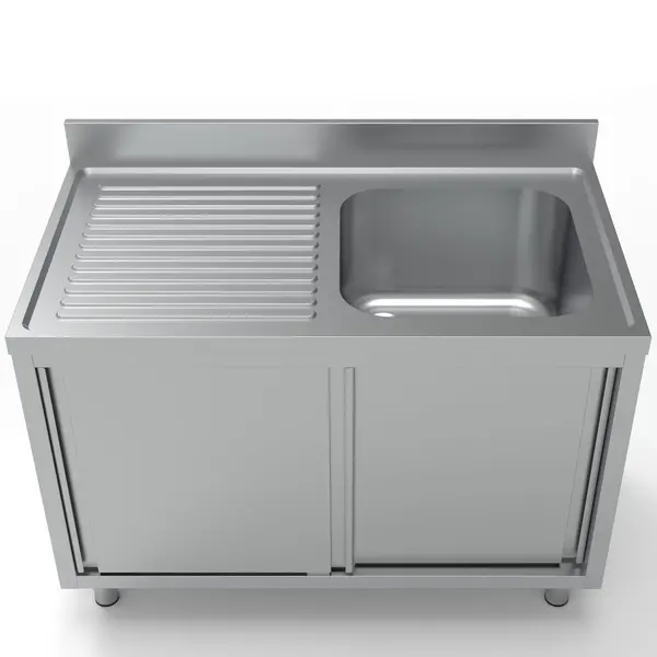 Spoeltafel | ESSENTIAL | RVS | 1 Spoelbak (Rechts) + Afdruipvlak | Schuifdeuren | Achteropstand | Voorgemonteerd | 1200x700x850(h)mm