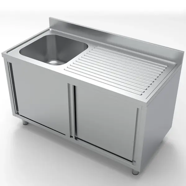 Spoeltafel | ESSENTIAL | RVS | 1 Spoelbak (Links) + Afdruipvlak | Schuifdeuren | Achteropstand | Voorgemonteerd | 1400x700x850(h)mm