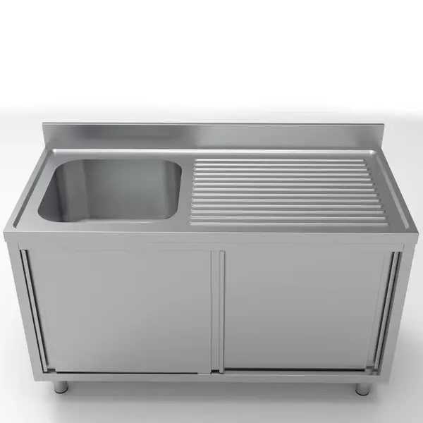 Spoeltafel | ESSENTIAL | RVS | 1 Spoelbak (Links) + Afdruipvlak | Schuifdeuren | Achteropstand | Voorgemonteerd | 1400x700x850(h)mm