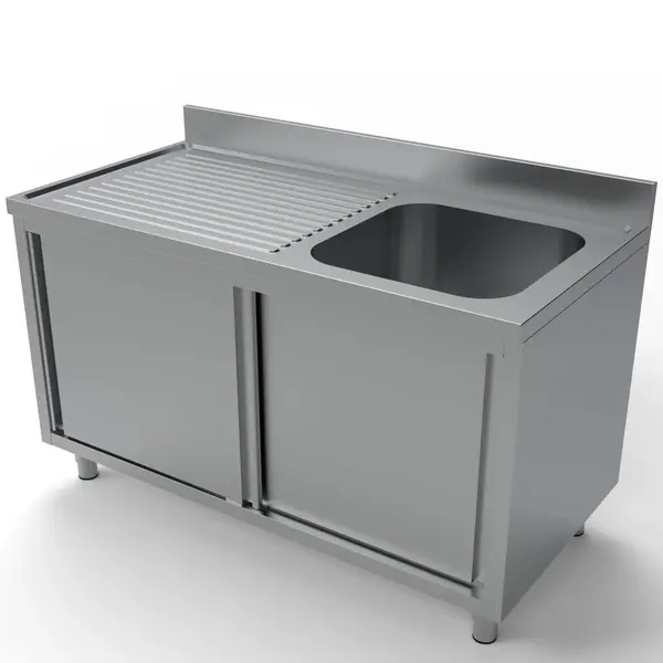 Spoeltafel | ESSENTIAL | RVS | 1 Spoelbak (Rechts) + Afdruipvlak | Schuifdeuren | Achteropstand | Voorgemonteerd | 1400x700x850(h)mm