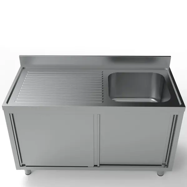 Spoeltafel | ESSENTIAL | RVS | 1 Spoelbak (Rechts) + Afdruipvlak | Schuifdeuren | Achteropstand | Voorgemonteerd | 1400x700x850(h)mm