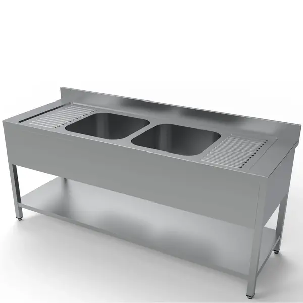 Spoeltafel | ESSENTIAL | RVS | 2 Spoelbakken (Midden) + Afdruipvlak | Bodemschap | Achteropstand | Voorgemonteerd | 2000x700x850(h)mm