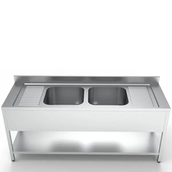 Spoeltafel | ESSENTIAL | RVS | 2 Spoelbakken (Midden) + Afdruipvlak | Bodemschap | Achteropstand | Voorgemonteerd | 2000x700x850(h)mm