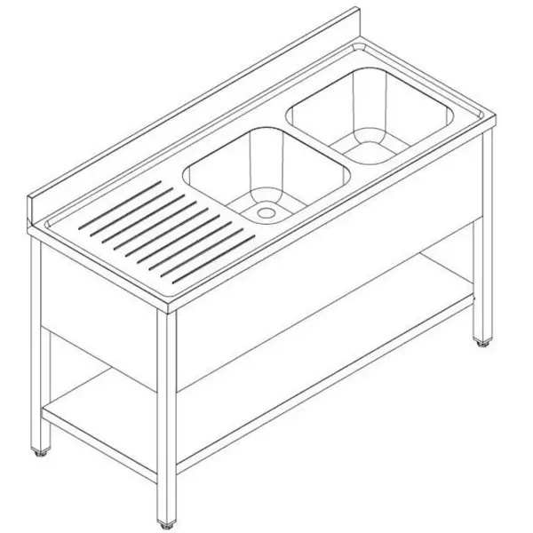 Spoeltafel | PRIME | RVS | 2 Spoelbakken (Rechts) + Afdruipvlak | Bodemschap | Achteropstand | Zelfmontage | 1600x700x850(h)mm