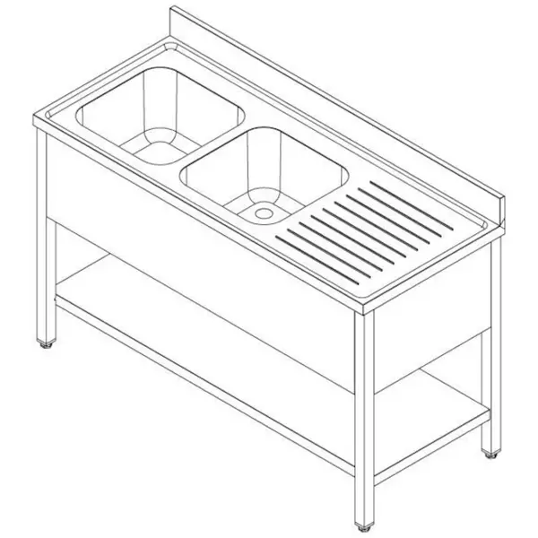 Spoeltafel | PRIME | RVS | 2 Spoelbakken (Links) + Afdruipvlak | Bodemschap | Achteropstand | Zelfmontage | 2000x600x900(h)mm