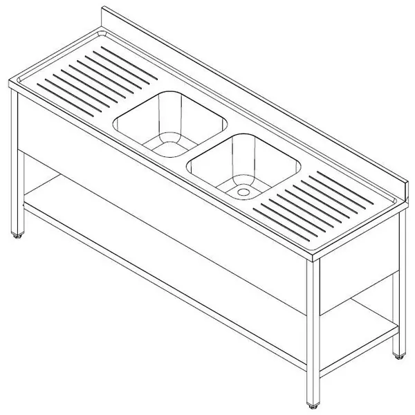 Spoeltafel | PRIME | RVS | 2 Spoelbakken (Midden) + Afdruipvlak | Bodemschap | Achteropstand | Zelfmontage | 2000x700x850(h)mm