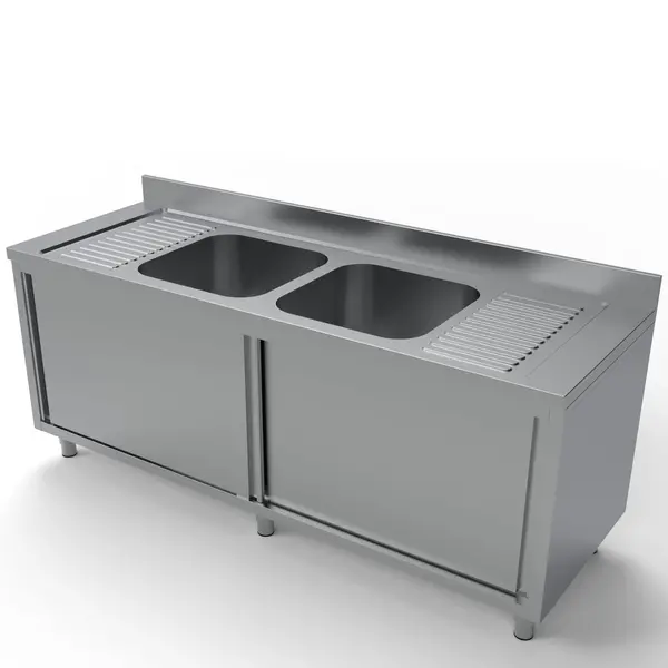 Spoeltafel | ESSENTIAL | RVS | 2 Spoelbakken (Midden) + Afdruipvlak | Schuifdeuren | Achteropstand | Voorgemonteerd | 2000x700x850(h)mm
