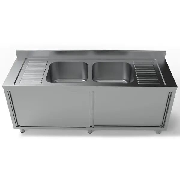 Spoeltafel | ESSENTIAL | RVS | 2 Spoelbakken (Midden) + Afdruipvlak | Schuifdeuren | Achteropstand | Voorgemonteerd | 2000x700x850(h)mm