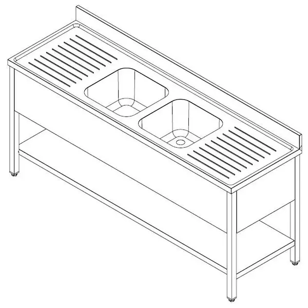 Spoeltafel | PRIME | RVS | 2 Spoelbakken (Midden) + Afdruipvlak | Bodemschap | Achteropstand | Zelfmontage | 2400x700x900(h)mm