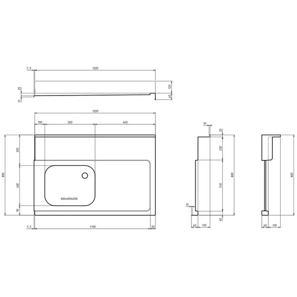 Aanvoertafel (Rechts) | RVS | 1 Spoelbak (Links) | Bodemschap | Achteropstand | 1200x800x900(h)mm