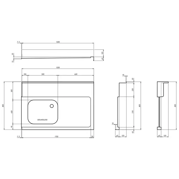 Aanvoertafel (Links) | RVS | 1 Spoelbak (Rechts) | Bodemschap | Achteropstand | 1200x800x900(h)mm