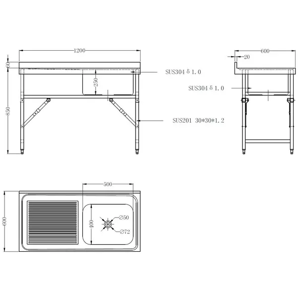 Inklapbare Spoeltafel | RVS | 1 Spoelbak (Rechts) + Afdruipvlak | Achteropstand | 1200x600x910(h)mm
