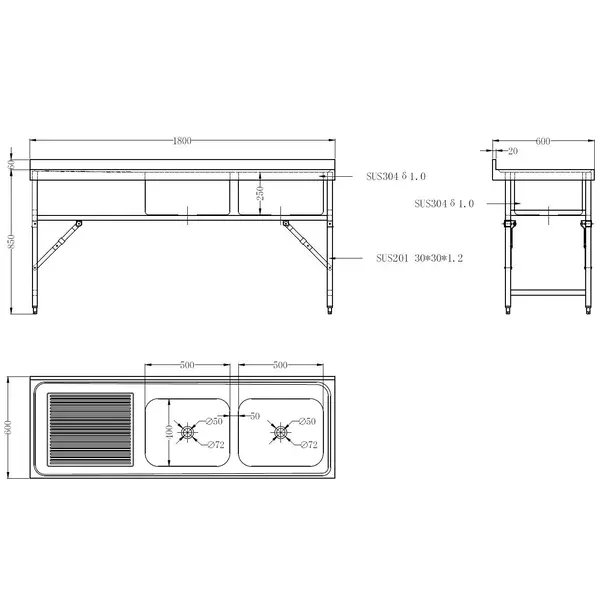 Inklapbare Spoeltafel | RVS | 2 Spoelbakken (Rechts) + Afdruipvlak | Achteropstand | 1800x600x850/910(h)mm