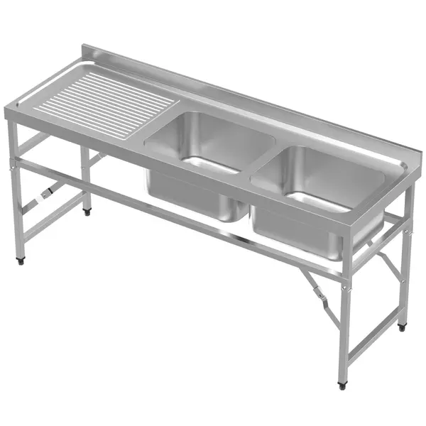 Inklapbare Spoeltafel | RVS | 2 Spoelbakken (Rechts) + Afdruipvlak | Achteropstand | 1800x600x850/910(h)mm