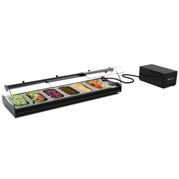 Tapasvitrine | SELF-SERVICE | Zwart | 8x 1/3 GN | +2°C/+6°C | Statisch | 1 Niveau | Zelfbediening | Losse Koelunit (Inbouw) | 1540x395x245(h)mm