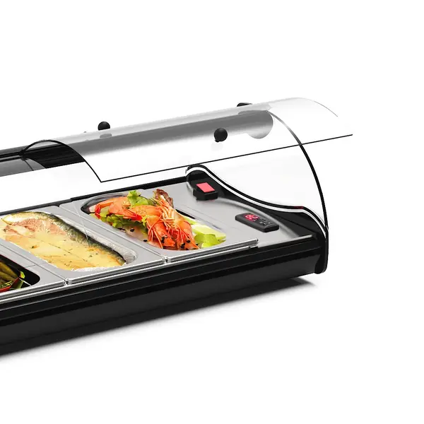 Tapasvitrine | SELF-SERVICE | Zwart | 8x 1/3 GN | +2°C/+6°C | Statisch | 1 Niveau | Zelfbediening | Losse Koelunit (Inbouw) | 1540x395x245(h)mm