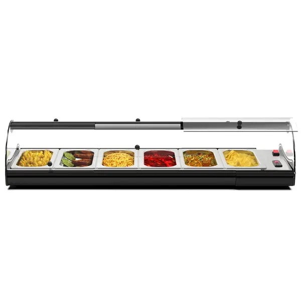 Verwarmde Tapasvitrine | SELF-SERVICE | Zwart | 4x 1/3 GN | ≤80°C | Bain-Marie | 1 Niveau | Zelfbediening | 0.72kW (230V) | 840x395x245(h)mm