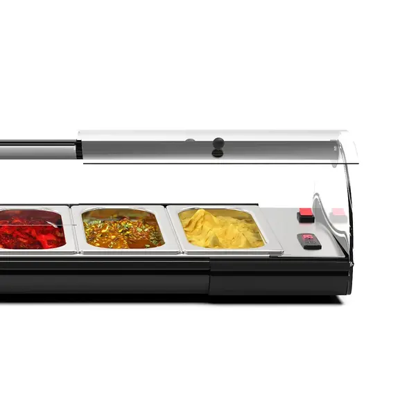 Verwarmde Tapasvitrine | SELF-SERVICE | Zwart | 4x 1/3 GN | ≤80°C | Bain-Marie | 1 Niveau | Zelfbediening | 0.72kW (230V) | 840x395x245(h)mm