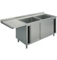 Mastro Spoeltafel | RVS | 2 Spoelbakken (Rechts) + Afdruipvlak | Schuifdeuren + Voorlader | Achteropstand | Voorgemonteerd | 2000x600x850/950(h)mm