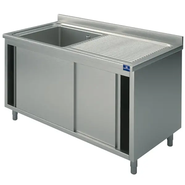 Spoeltafel | RVS | 1 Spoelbak (Links) + Afdruipvlak | Schuifdeuren | Achteropstand | Voorgemonteerd | 1100x600x850/950(h)mm