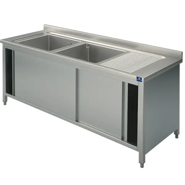 Spoeltafel | RVS | 2 Spoelbakken (Links) + Afdruipvlak | Schuifdeuren | Achteropstand | Voorgemonteerd | 1500x700x850/950(h)mm