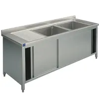 Mastro Spoeltafel | RVS | 2 Spoelbakken (Rechts) + Afdruipvlak | Schuifdeuren | Achteropstand | Voorgemonteerd | 1500x700x850/950(h)mm