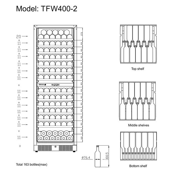 Wijnkoelkast | SERIE TFW | 416L (163x 75cl) | RVS/Zwart | 2 Zones | +5°C/+18°C | Statisch + Ventilator | 595x680x1760(h)mm