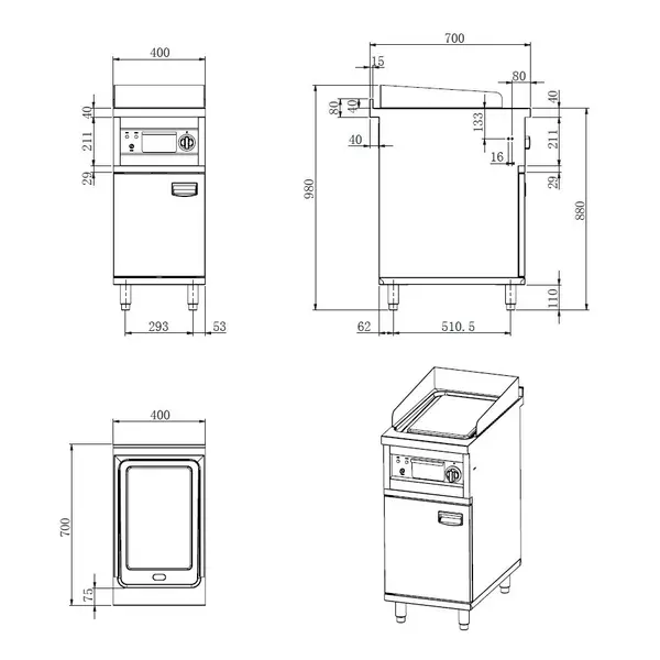 Bak-/Grillplaat | ENTRY 700 | Elektrisch | Glad Oppervlak 282x447 (Verchroomd) | 180°C/250°C | 2.7kW (400V) | Gesloten Onderkast | 400x700x880/980(h)mm