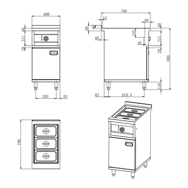 Bain-Marie | ENTRY 700 | Elektrisch | 1/1 GN | 0°C/85°C | 2kW (230V) | Aftapkraan | Gesloten Onderkast | 400x700x880/920(h)mm