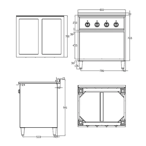 Inductiefornuis | ENTRY 700 | 4 Kookpunten | 14kW (400V) | Open Onderkast | 800x700x900/940(h)mm