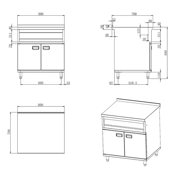 Neutrale Werkunit | ENTRY 700 | RVS | Gesloten Onderkast | Achteropstand | 800x700x880/920(h)mm